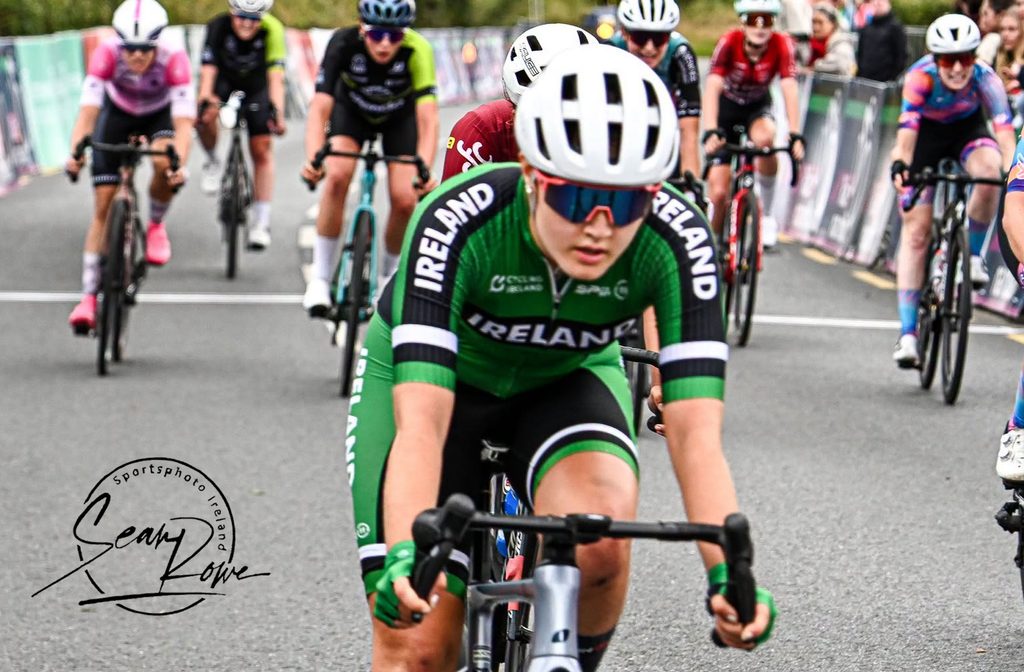 Greta Lawless finishing 6th on Stage 3 of the 2026 Rás na mBan into Carrick-on-Suir.