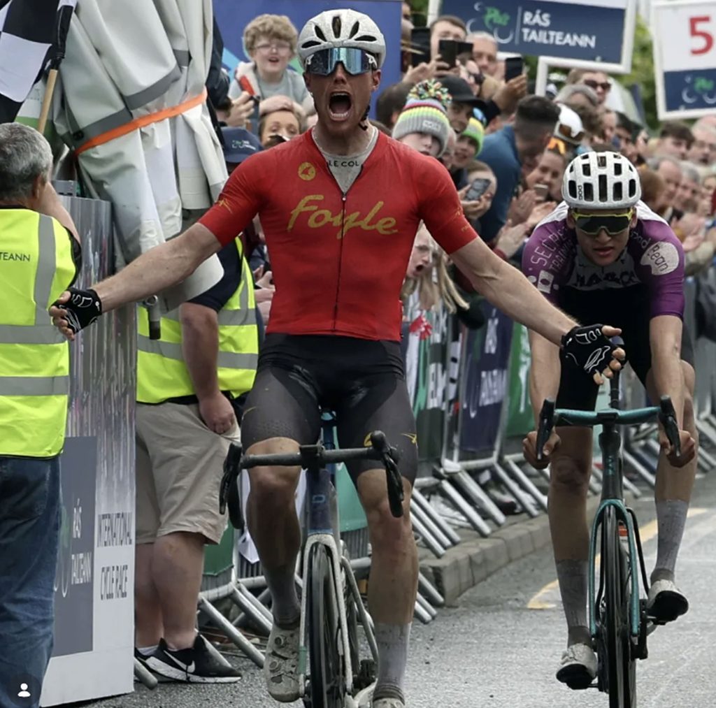 Finn Crockett riding for Foyle CC winning Stage 5 of the 2023 Rás Tailteann.