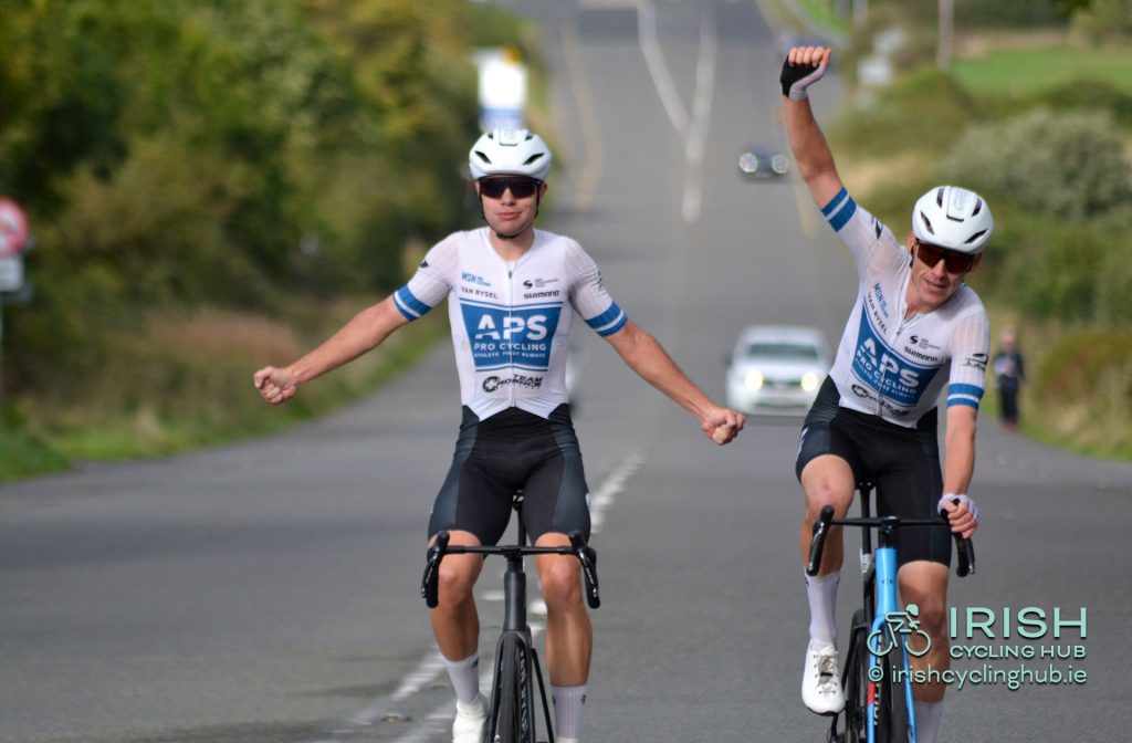 Matthew Walls crosses the line ahead of teammate Conn McDunphy to complete an APS Pro Cycling 1 - 2 at the 2026 Cycleways Kermess.