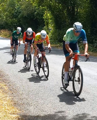 Liam Crowley, Pinergy Orwell Wheelers, Mark Dowling, Velo Revolution / Speed Queen, Luke Smith, Moynalty CC, and Christoper Marshall, Velo Performance Racing Team chasing the break.