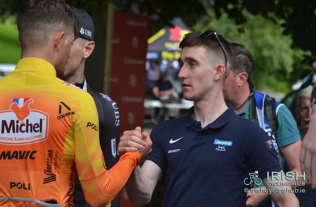 Dillon Corkery with Eddie Dunbar after the 2024 Irish National Road Race Championships.