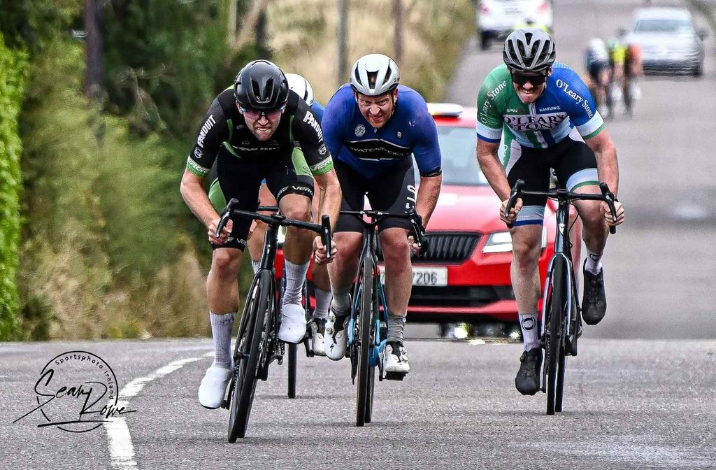 2026 Munster Road Race Patrick O'Loughlin, Panduit Carrick Wheelers, James Griffin, Waterford Racing Club, and Stephan Gillman, O'Leary Stone Kanturk Cycling Club sprint for Silver and Bronze.