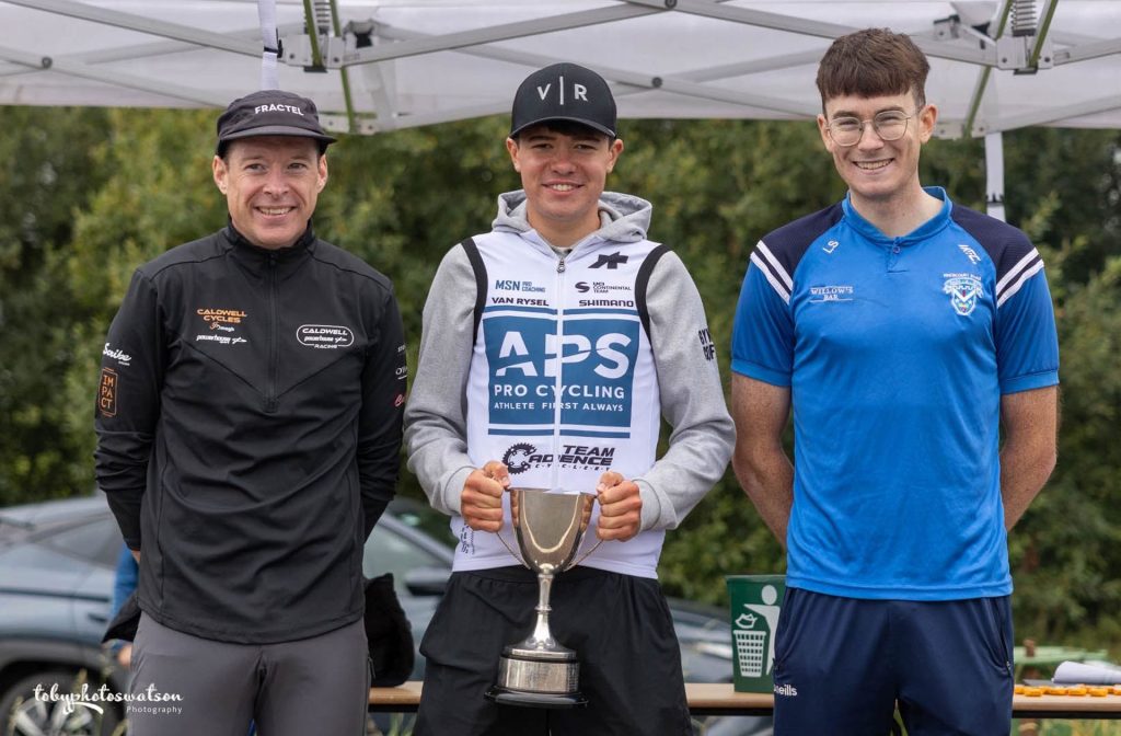 The Podium: Lindsay Watson, Caldwell Powerhouse Racing, Mathew Walls, APS Pro Cycling by Team Cadence Cyclery, and Luke Smith, Moynalty CC.