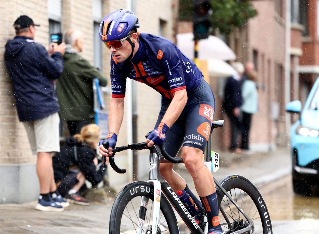Dillon Corkery, Team PicNic PostNL, under the deluge of Stage 1 of the 2026 Renewi Tour. 