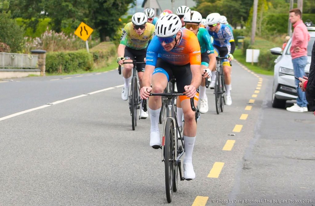 Lindsay Watson, Caldwell Powerhouse Racing, leads the break followed closely by Padraig Moran, Pinergy Orwell Wheelers.