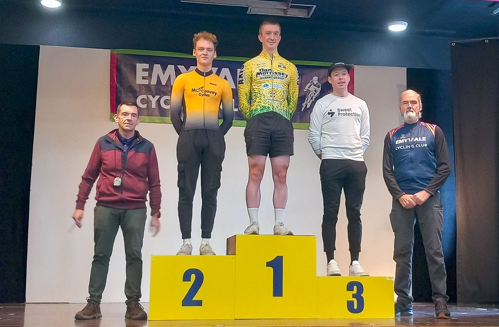 The podium. Ciaran Maguire, Team Dan Morrissey Pissei, Dean Harvey, McConvey Cycles, and Lindsay Watson, Caldwell Powerhouse Racing.