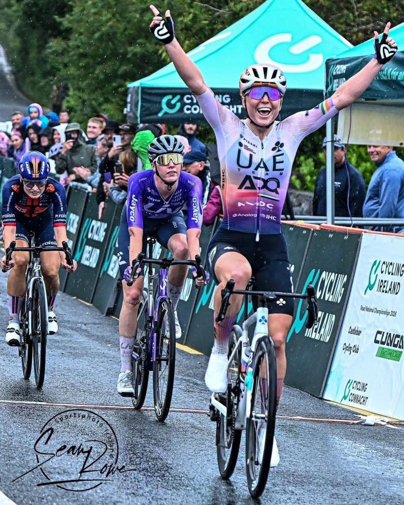 Lara Gillispie, UAE Team ADQ, winning the 2026 Irish Women's Senior Championship title.