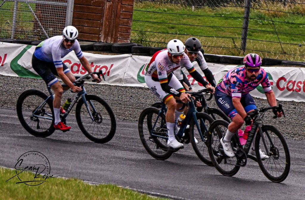 Shane Donohue, Athy Wheelers, lead sthe break around one of the numerous bends on the track.