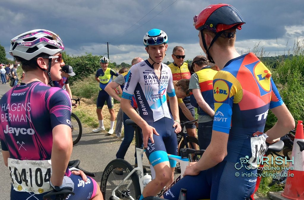 David Gaffney, Seth Dunwoody, and Liam O'Brien after the 2025 Irish Men's National Road Race.