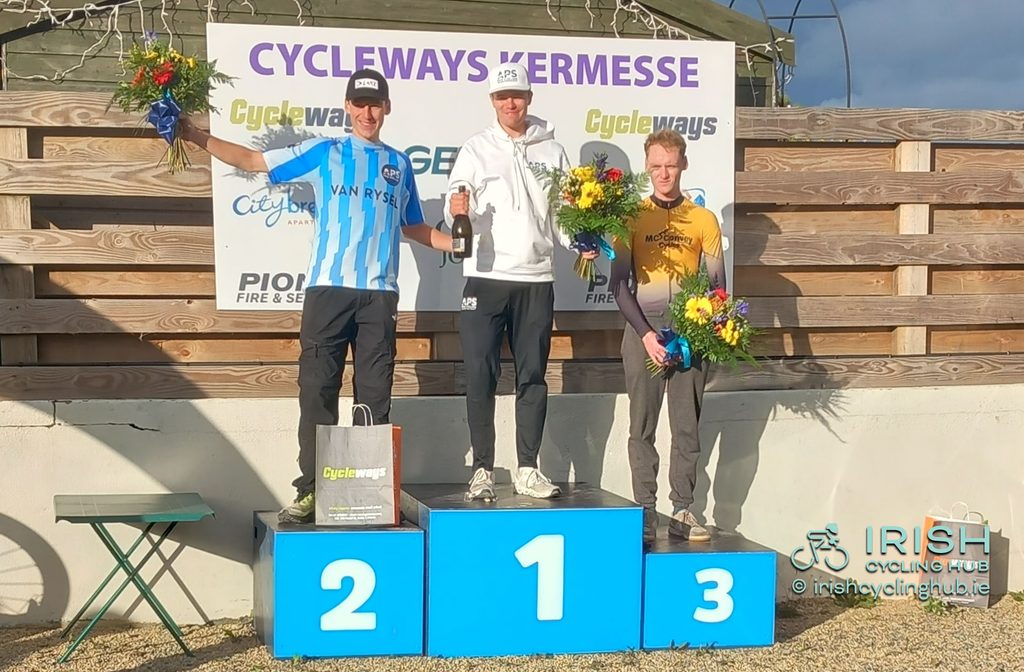 The podium with winner Matthew Walls, APS Pro Cycling by Team Cadence Cyclery, 2nd Conn Mc Dunphy, APS Pro Cycling by Team Cadence Cyclery, and Dean Harvey, McConvey Cycles. 