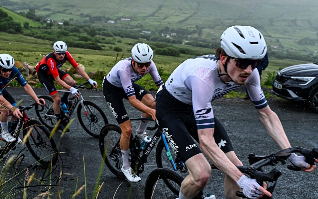 Ronan O'Connor leads the break over the climb at the 2026 Irish National Men's Road Race in which he finished 7th.