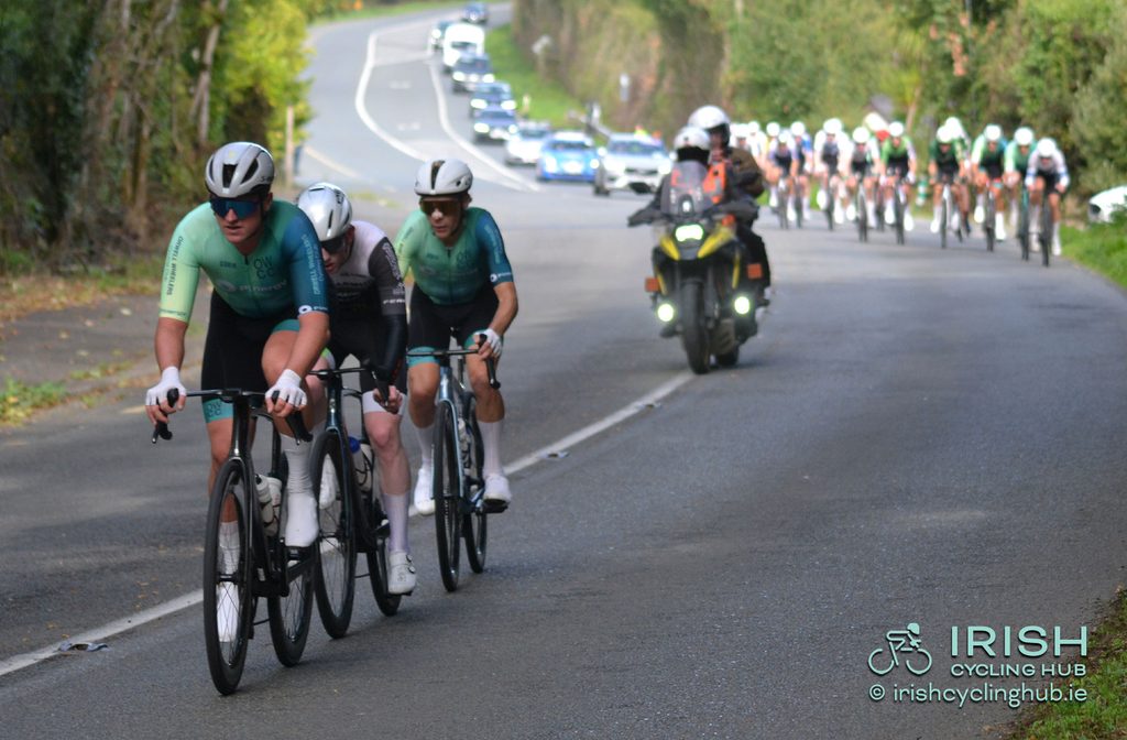 2026 Munster Champion Evan Keane and Padraig Moran 2026 Leinster Silver Medalist, with Darragh Byrne AS Villemur Cyclisme shaking things up.
