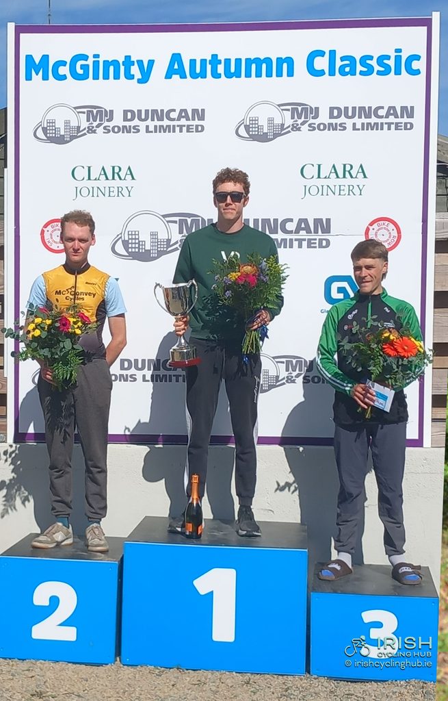 Josh Callaly, Velo Performance U23 Development Team wins the 2026 McGinty Autumn Classic hosted by Bray Wheelers CC, Dean Harvey, McConvey Cycles 2nd, and Padraig Moran, Pinergy Orwell Wheelers 3rd.