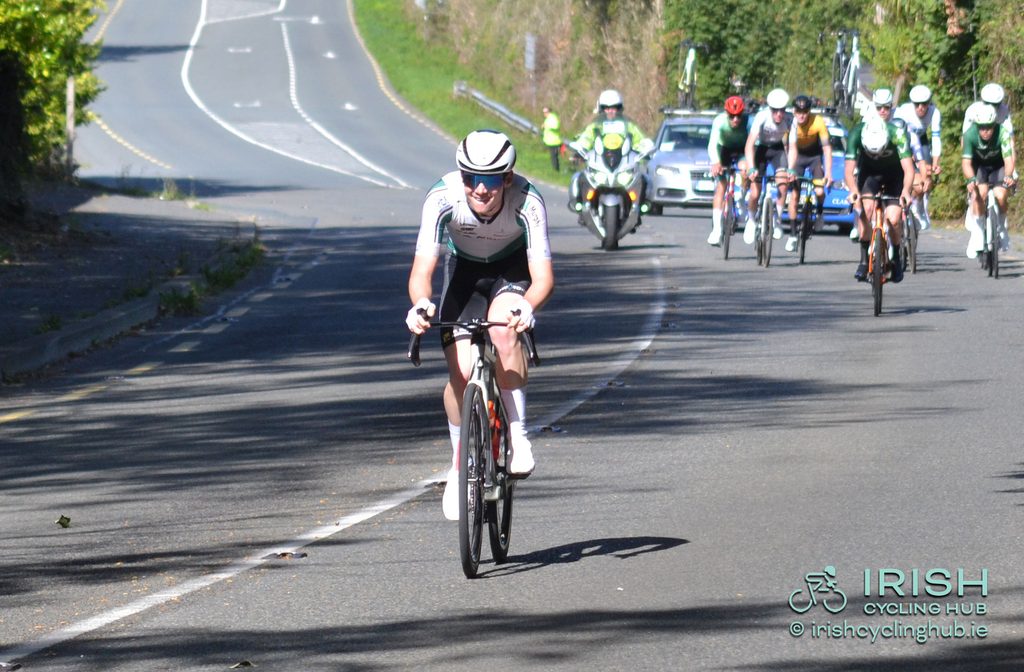 Tom Hughes, Kilcullen Cycling Club Murphy Geospacial, makes his move on the last lap.