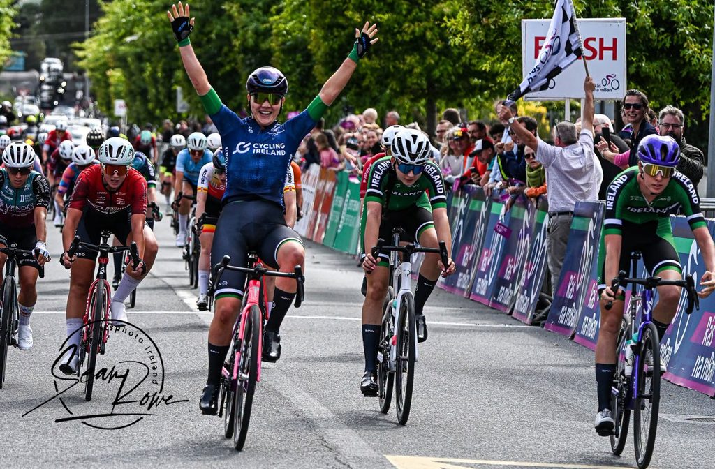 Heverin taking 3rd on Stage 2 2026 Rás na mBan behind teammates Aoife O'Brien and Emma Jeffers.