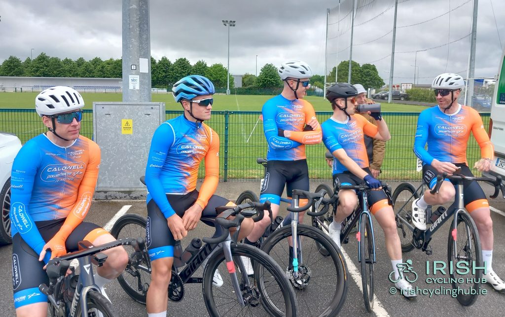 Darragh McCarter, Caldwell Powerhouse Racing, with his teammates ahead of Stage 1 2026 Rás Tailteann. L-R: Lindsay Watson, Odhran Doogan, Darnell Moore, Gary Donaldson, and Darragh McCarter.