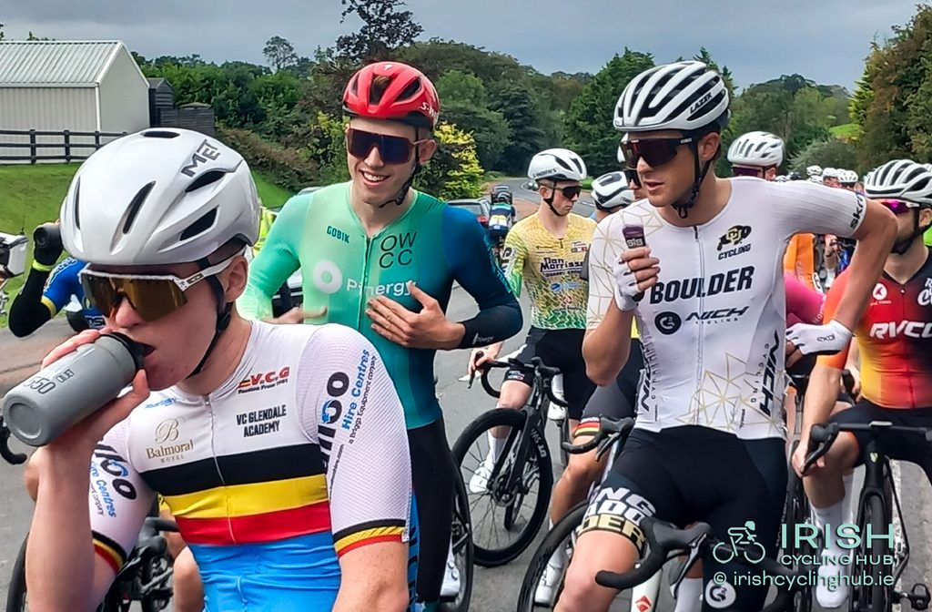 Conor Kelly, VC Glendale, Seán Keane, Pinergy Orwell Wheelers, and Cole Tamburri, Unattached Ulster, at the start of the 2026 Ulster Road Race in Killylea.
