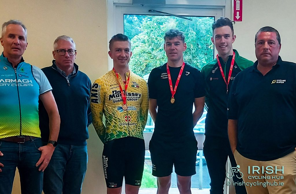 Ciaran Maguire, Team Dan Morrissey Pissei, Silver, Gareth O'Neill, Athlete Nutrition Coach Nordic Labs, Gold, Seán O'Kane, Pinergy Orwell Wheelers, Bronze, in the 2026 Ulster Road Race.