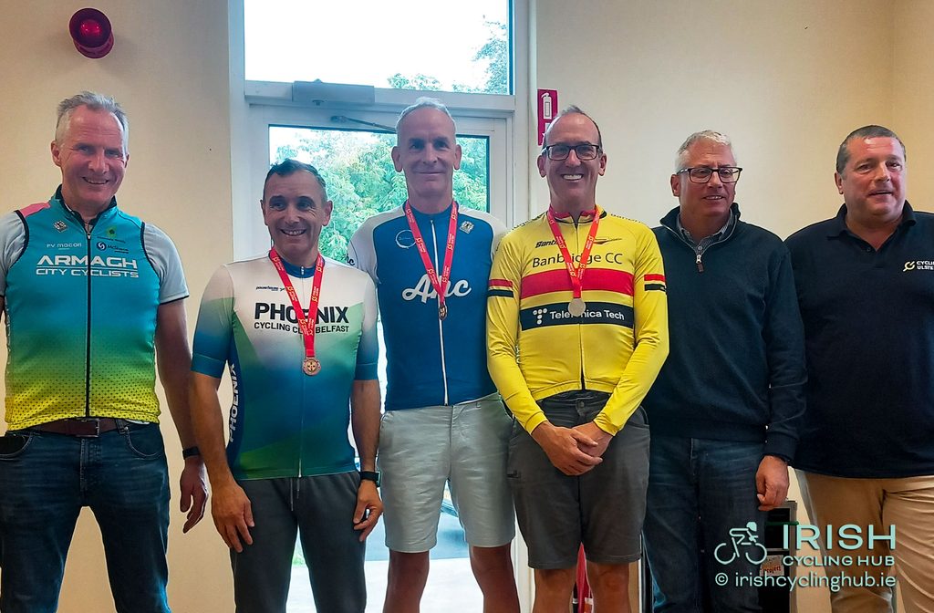 Carl Lowry, Phoenix CC Team, Bronze, Neil Mc Kenna - AHC Racing, Gold, and Mark Kendall, Banbridge CC, Silver, in the 2026 Ulster Road Race.