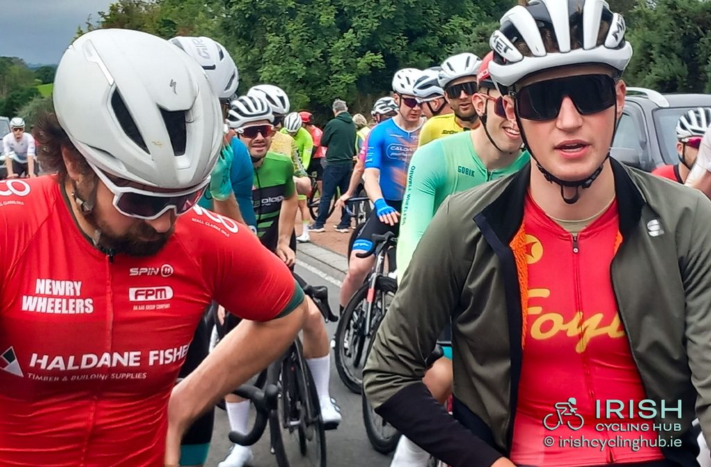 Shane Trimble, Newry Wheelers, with James Mackey, Foyle CC, Junior Champion before the 2026 Ulster Road Race. Photo © Irish Cycling Hub 2026.