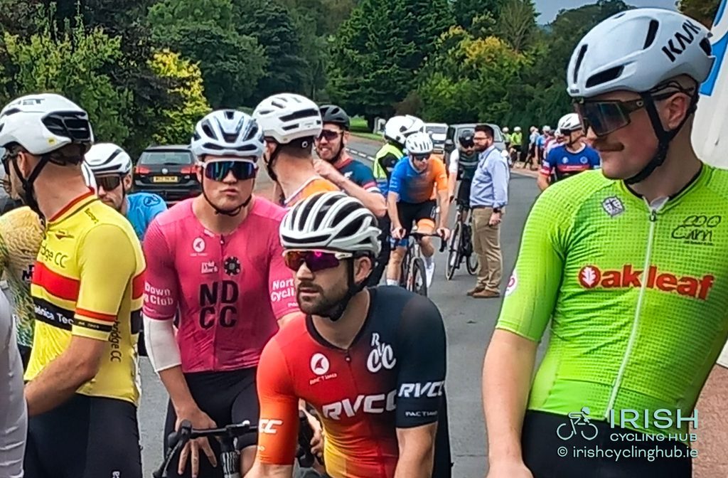 Nathan Mullan, Banbridge CC, Jamie Clarke, North Down CC, Nigel Bradley, Roe Valley CC, and Cathir Doyle, Carn Wheelers, at the start line of the 2026 Ulster Road Race in Killylea.