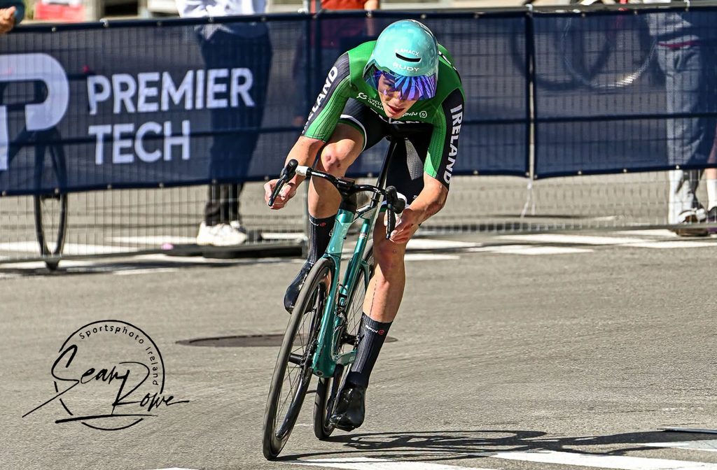 Seth Dunwoody on his road race bike after his crash at the 2026 U23 ITT World Championships.