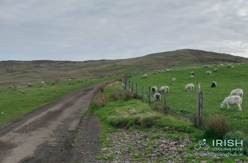 Start of the off the main road section. Straight ahead through the steeper parts of the climb before heading South towards the summit not visible in image apart from the tip of the antenna top right.