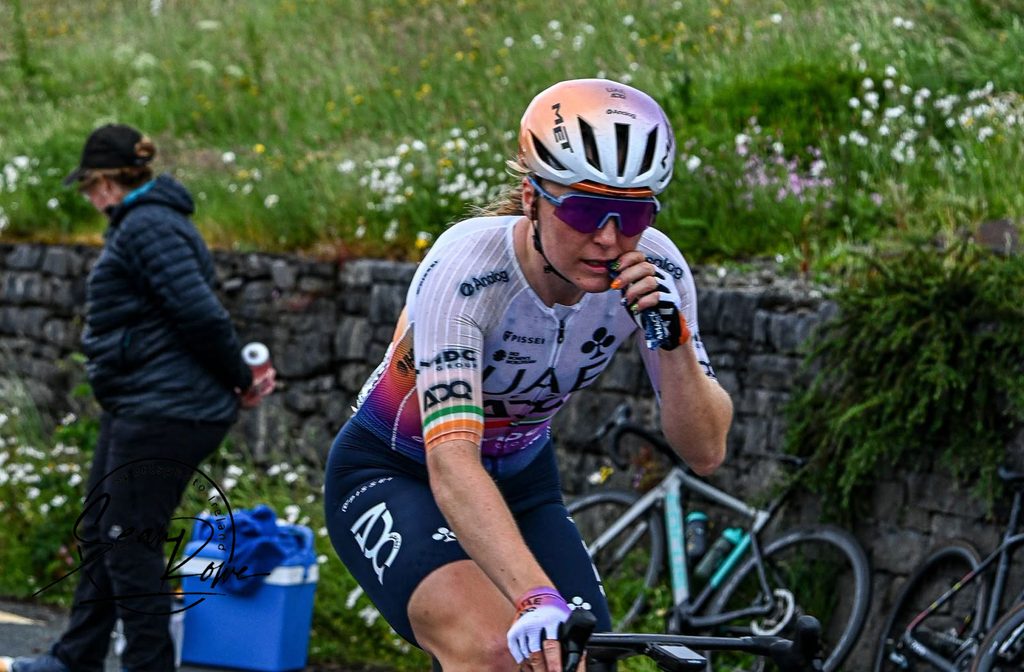 Double 2026 Irish Women's National Champion (ITT & RR), Lara Gillespie, UAE Team L'IMAD, fueling up at the 2026 Irish Women's National Road Race. 