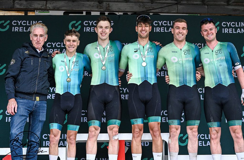 Irish Cycling legend Seán Kelly with Padraig Moran and his , Pinergy Orwell Wheelers teammates at the 2026 Irish National Men's Road Race in Cong.