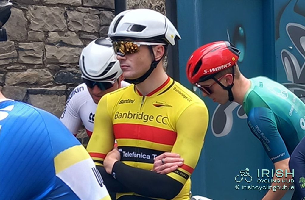 John Buller, Banbridge CC, at the start of the 2026 Irish Elite Men's Criterium with the justifiable favourite's tag.