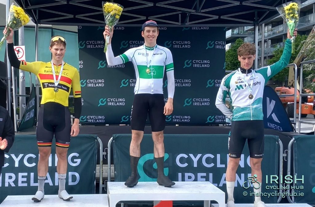 Gold - James Jenkins, Rapha Cycling Club, Silver - John Buller, Banbridge CC, and Bronze - Tadhg Killeen, Kilcullen Cycling Club Murphy Geospacial 2026 Irish Elite Men's Criterium.