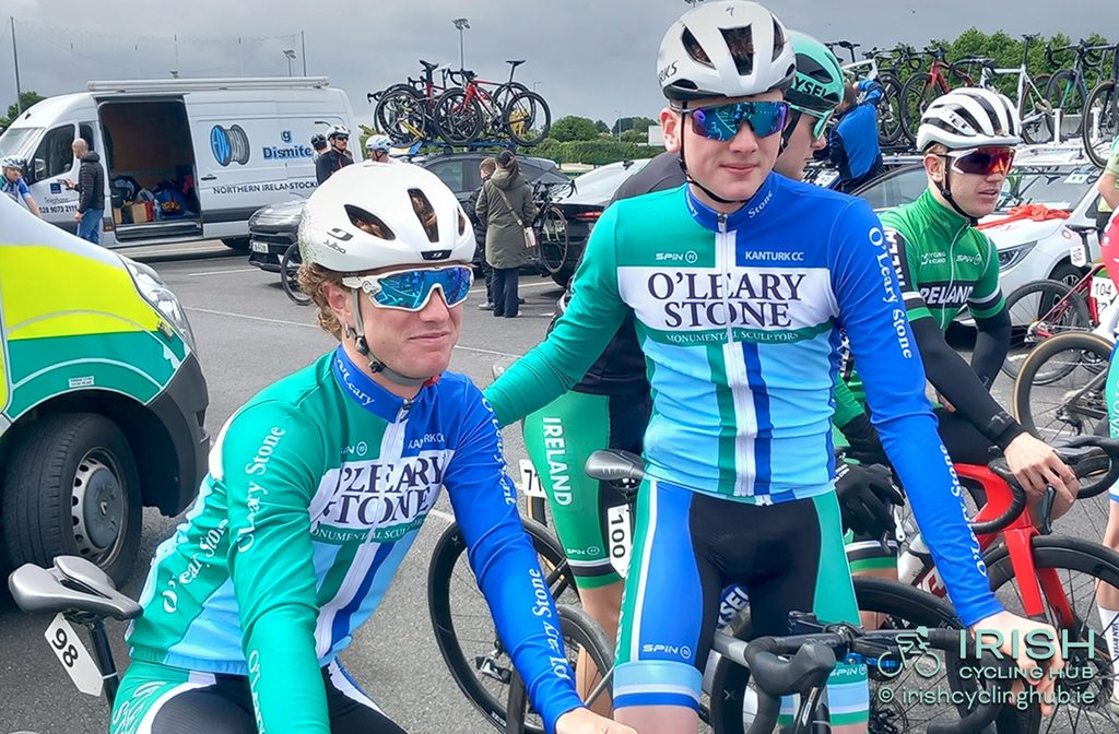 Rory Condon (100) and Willem O'Connor (98), O'Leary Stone Kanturk CC at the start of the 2026 Rás Tailteann. 
