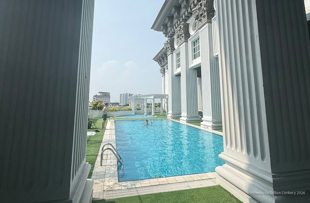 Outdoor swimming pool at a hotel at the 2026 Petronus Tour de Langkawi.