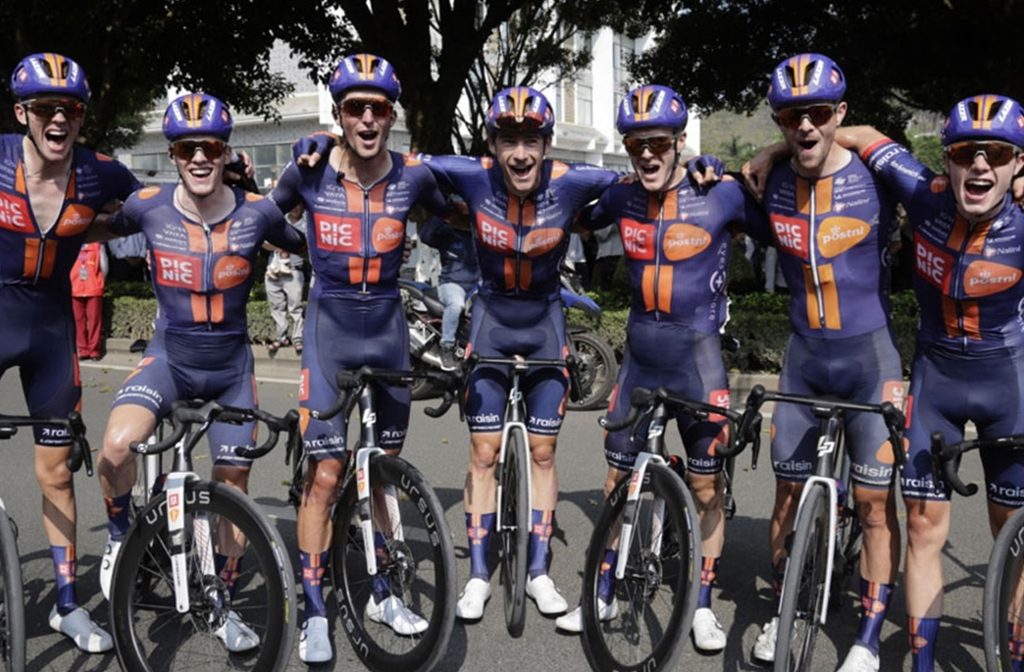 Dillon Corkery with his Picnic PostNL teammates after Stage 2 of the 2026 Tour of Guangxi.