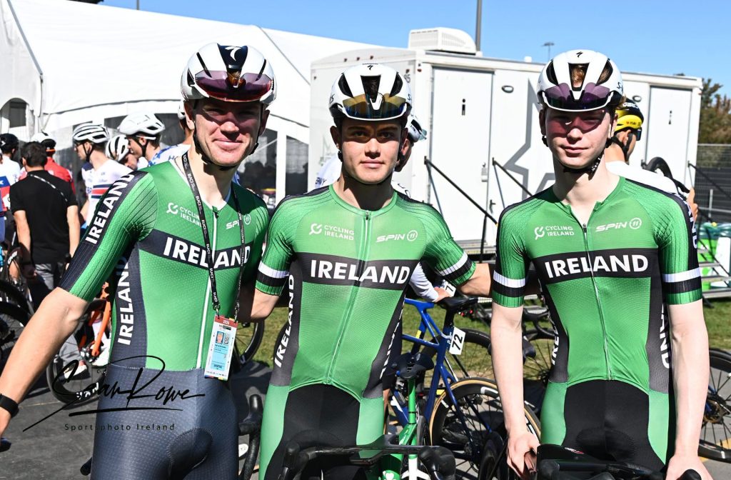Hugh Óg Mulhearne, Freddie Winkley, and Rían McCrystal at the 2026 World Road Race Championships.